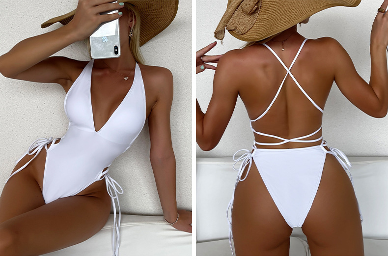 One-piece Swimsuit Deep V Neck Sexy Solid Colour Beach Bikini_voghion.com