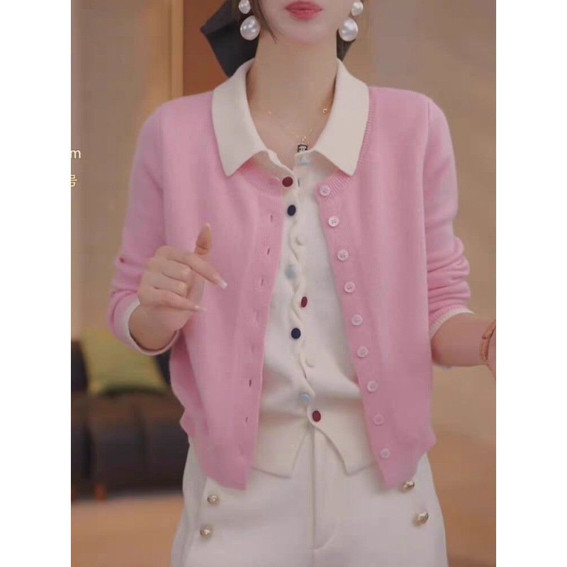 2025 primavera y otoño nuevas damas falsas dos piezas de camisa de punto cardigan de color botón solapa interior con suéter suelto