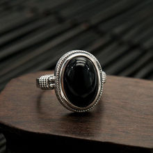 欧美时尚925银黑玛瑙戒指精致小众开口情侣戒指新款复古个性时尚