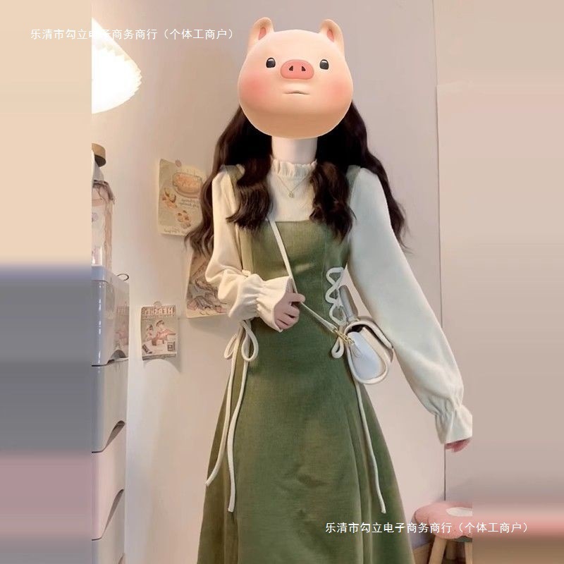 法式假两件绿色连衣裙子女春秋季2025新款今年流行感长裙|undefined