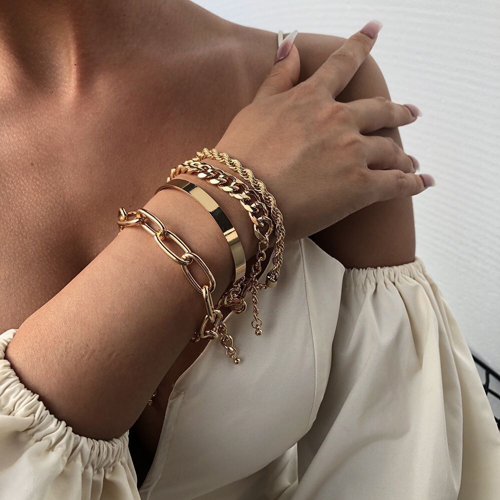 Cross-border wholesale European and American exaggerated alloy thick hip hop ins niche bracelet female popular fashion simple chain bracelet