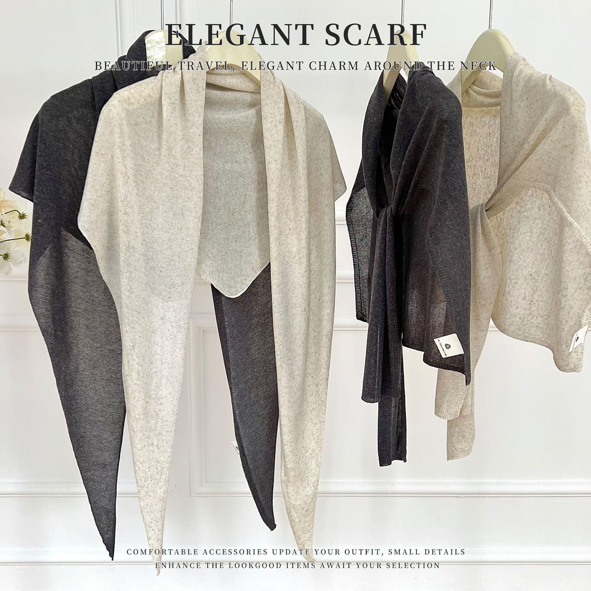 Light and Sophisticated Style Large Triangle Scarf, Neck Scarf, High-End Feel, Thin Solid Color Cross-Over Shawl for Women, Suitable for Air-Conditioned Rooms