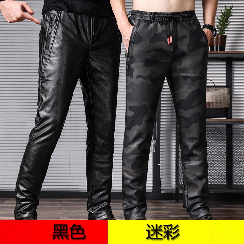 皮裤男冬季加绒加厚防风防水PU修身潮流迷彩摩托车男士保暖皮裤子