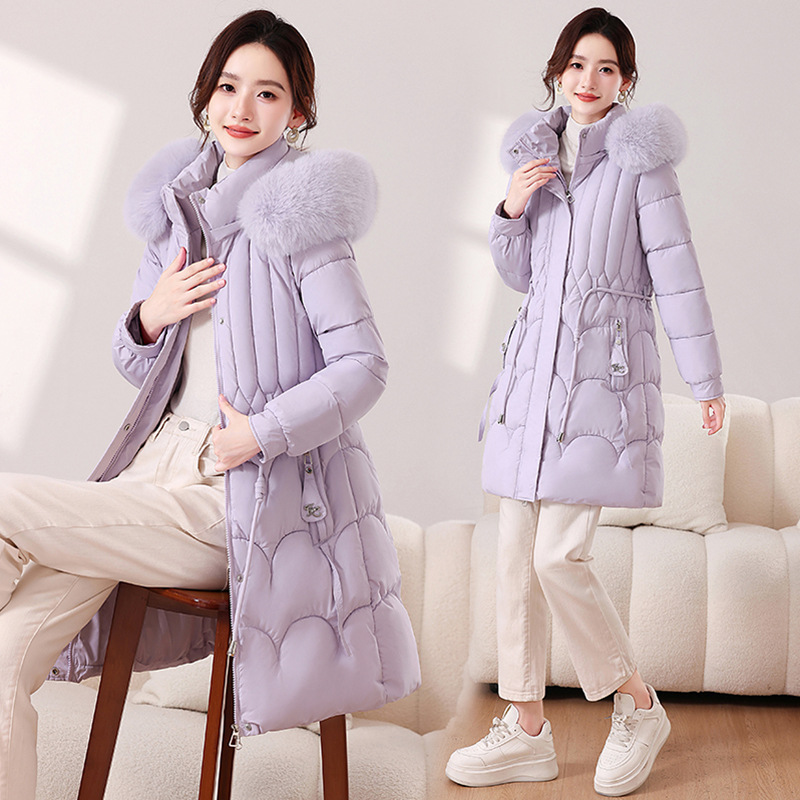 25 ropa de algodón delgada y gruesa de estilo largo y medio, abrigo de comercio exterior de mujeres, cuello de pelo grande desmontable, chaqueta de algodón cálida, pluma de algodón
