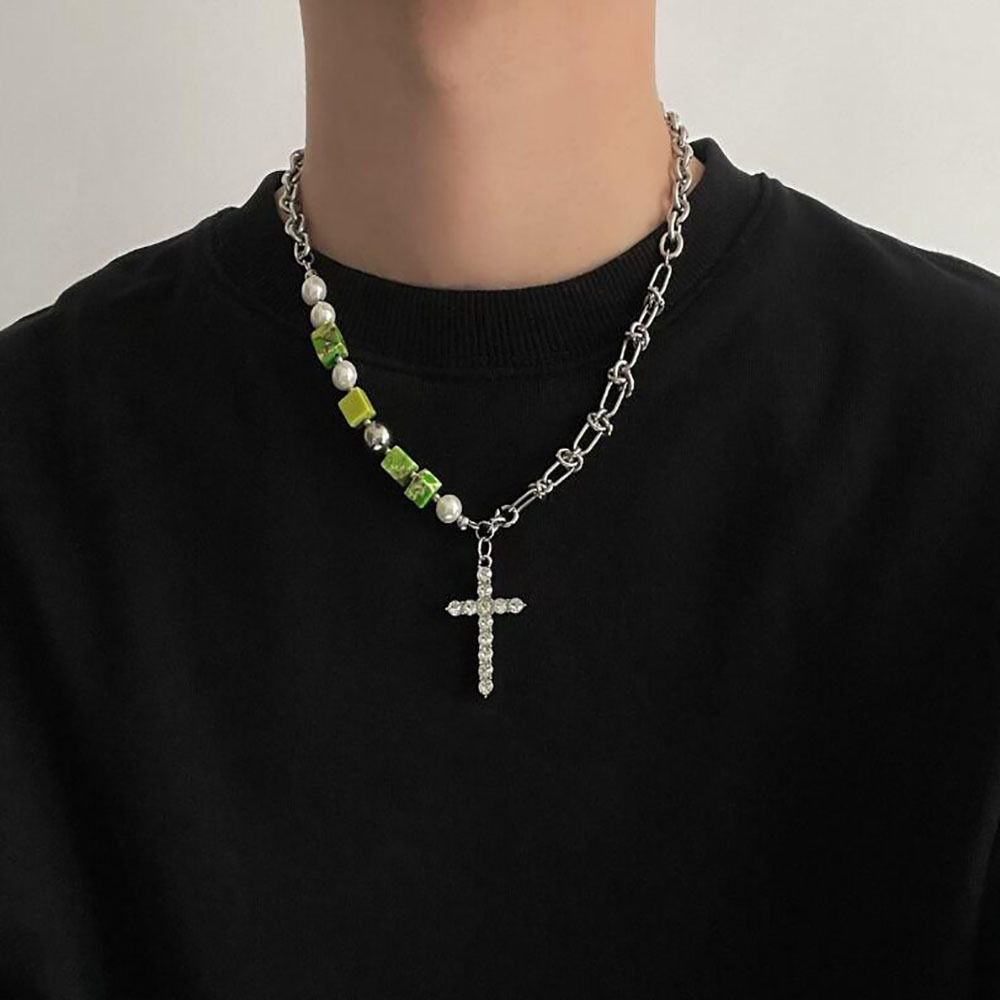Cross Stitching Green Square Titanium Steel Necklace All-Match High-Level Cuban Chain Hip-Hop Niche Clavicle Chain for Men and Women
