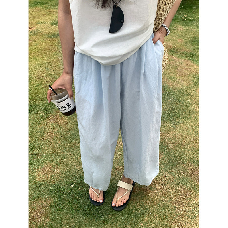 Huang Zheng elastic waist pleated design loose straight wide leg casual pants women's 2025 summer casual comfortable 520350
