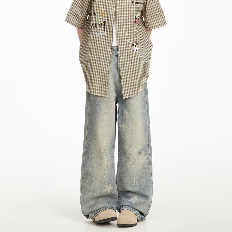 American Retro High-End Printed Jeans for Men and Women in Spring and Summer Straight-Leg Loose Slimming Wide-Leg Trousers