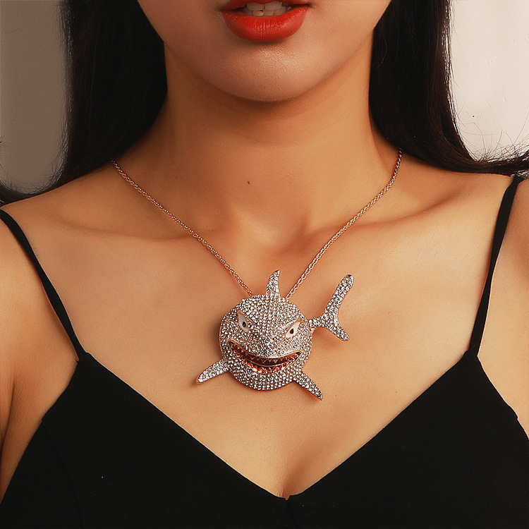 Diamond Pendant Necklace Punk Style Shark Chain For Couples_voghion.com
