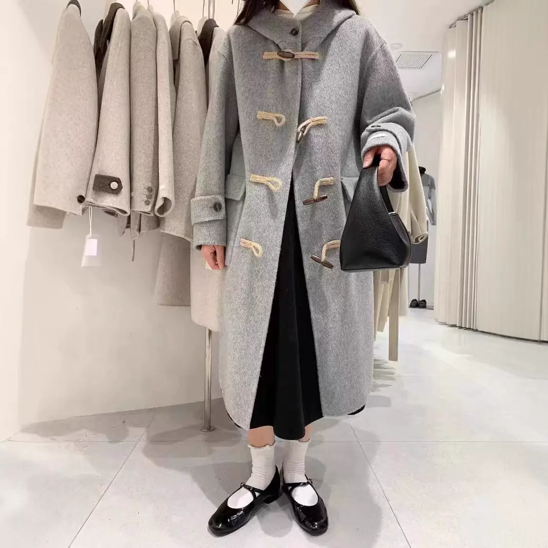 韩版牛角扣双面羊绒大衣女2024秋冬新款学院风显瘦连帽羊毛呢外套