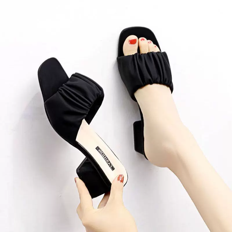 2024新款韩版高跟凉拖鞋女粗跟百搭时尚外穿一字拖中跟试衣鞋女夏