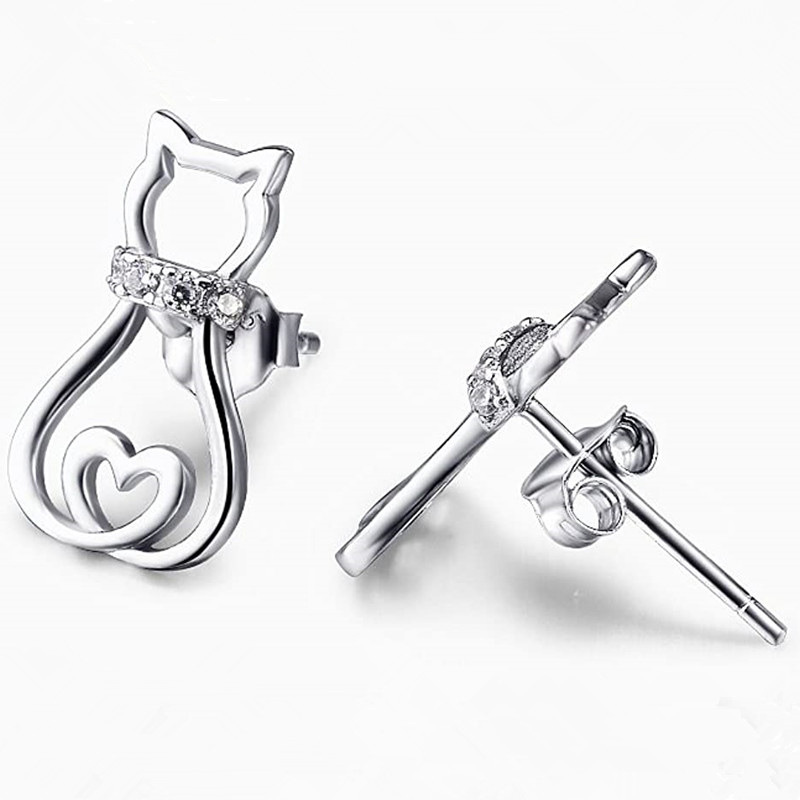 Fashion Cute Hollow Inlaid Zircon Cat Copper Earrings Wholesale display picture 2