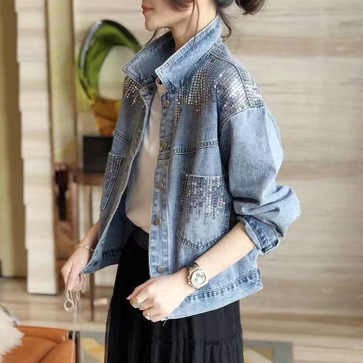 Denim Jacket Women's 2022 Autumn Clothes Student Hot Drilling Loose Korean Style TikTok Internet Popular BF Casual Autumn and Winter Jacket Coat Denim Jacket Women's 2022 Autumn Clothes Student Hot Drilling Loose Korean Style TikTok Internet Popular BF Casual Autumn and Winter Jacket Coat