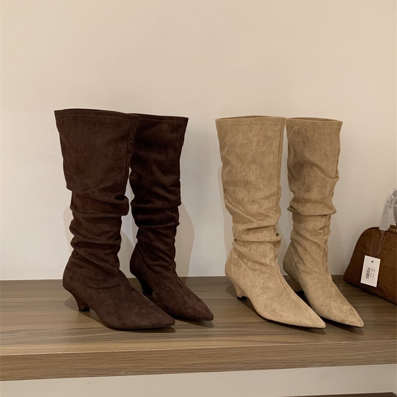 Minimalist Style Pleated Stiletto Wide-Leg Knee-High Boots for Women 2025 New Retro High-Heeled Knight Boots Heightening Short Boots