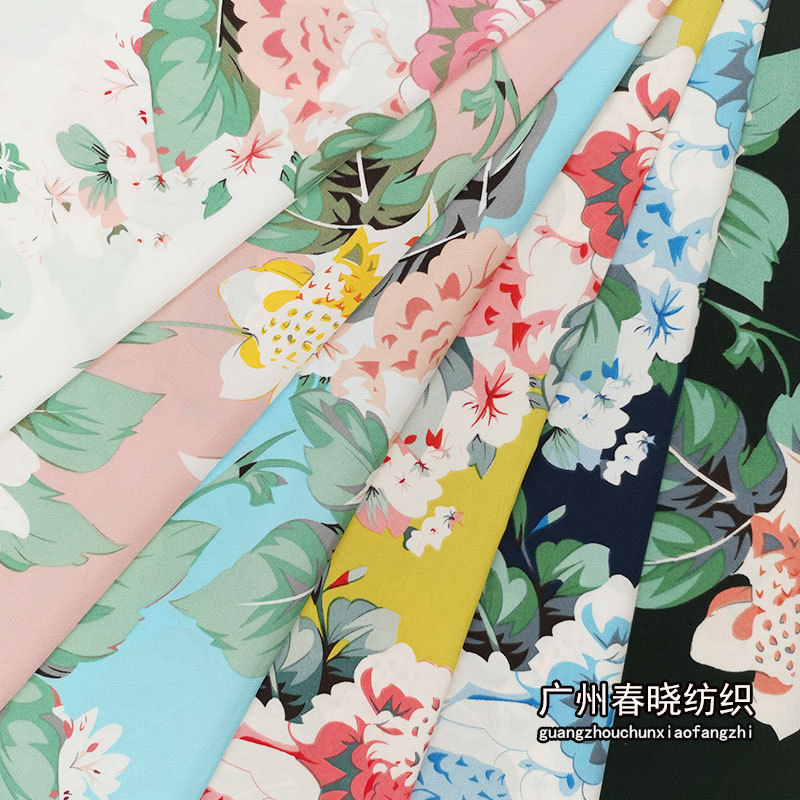 雪纺100D四面弹印花 春夏植物大花印花布 女装衬衫连衣裙涤纶面料