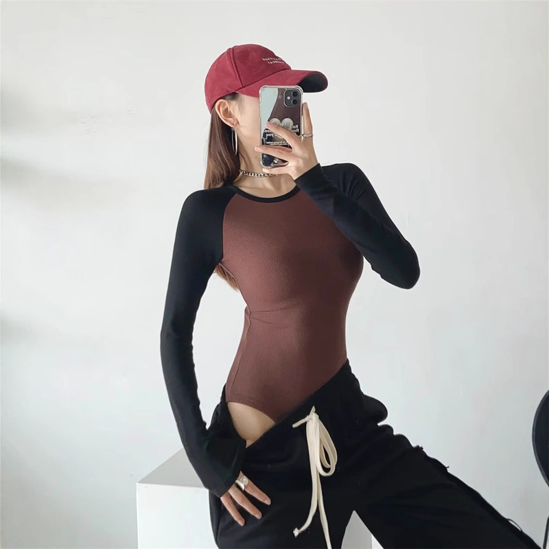Hot Girl Color-Blocked Raglan Sleeves Round Neck T-Shirt for Women in Autumn and Winter Brushed Fleece Tight Bottoming with Long-Sleeved Jumpsuit Trbottomy