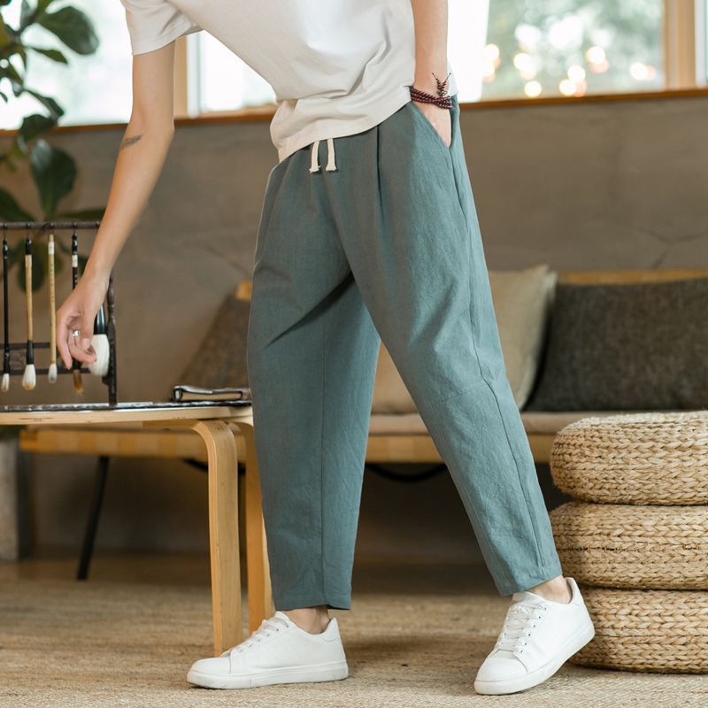Pantalones cortos de lino para hombres 2023 primavera y verano nuevo estilo chino de lino de algodón para hombres pantalones atados al tobillo pantalones sueltos rectos Casuales