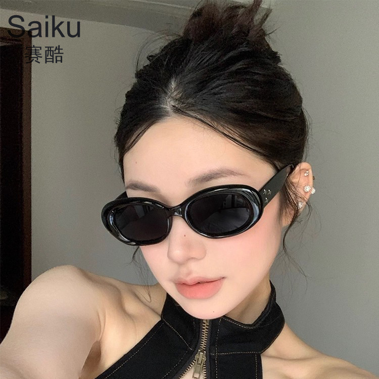 新款复古椭圆个性潮墨镜女高级感ins拍照猫眼防紫外线太阳镜户外|undefined