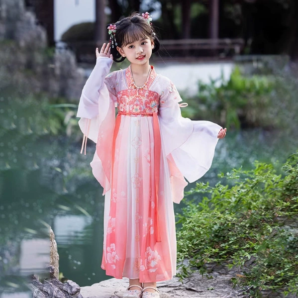 Девочка Hanfu Весенний детский костюм розовый китайский стиль