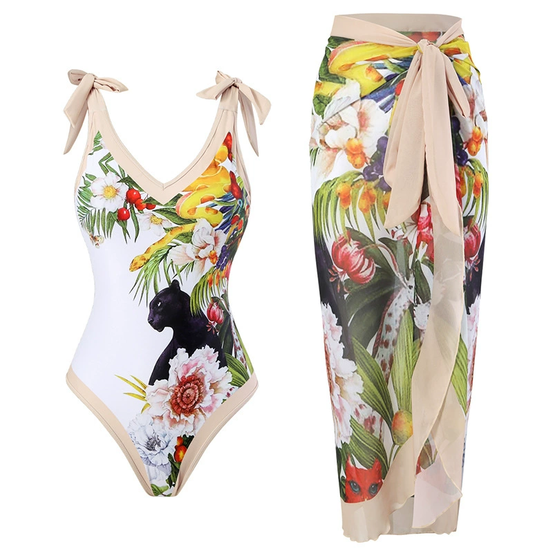 Swimwear с принтом мультфильмов и пляжной шифоновой длинной юбкой, купальник европейского стиля с высокой талией