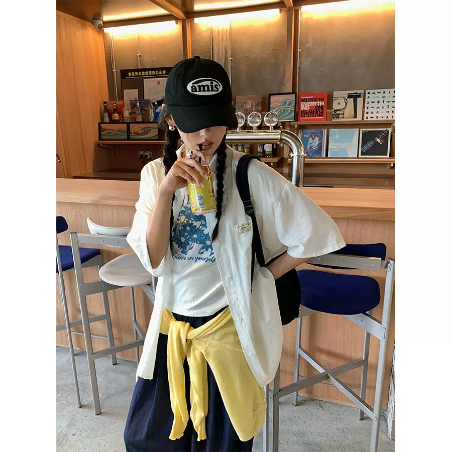 黄峥精致小标装饰简约宽松短袖衬衫女2025夏款休闲百搭时尚520514