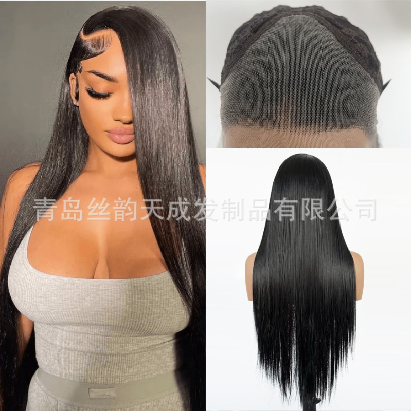 Cross-Border Wig Black Long Straight Hair Lace Front Hand-Crocheted 13*4 Full Wig Matte High-Temperature Fiber Wigs European and American Style