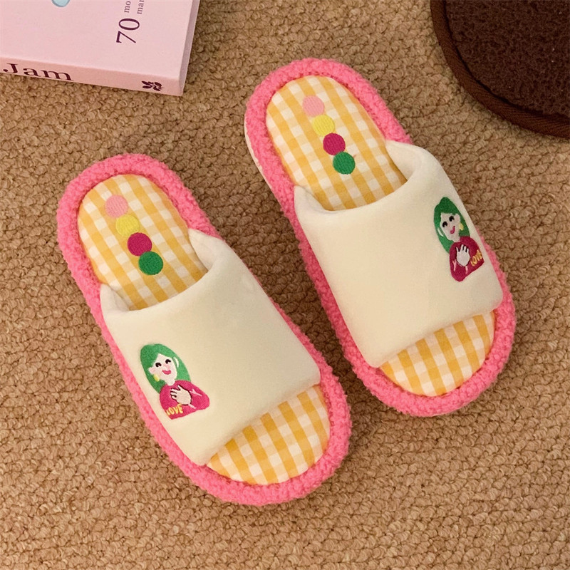 细细条 卡通男女孩一字棉拖鞋地板情侣秋冬趣味撞色居家软底拖鞋|undefined