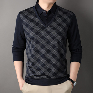 Dad's autumn long-sleeved antibacterial T-shirt middle-aged men's casual bottoming shirt new fake two-piece top polo shirt
