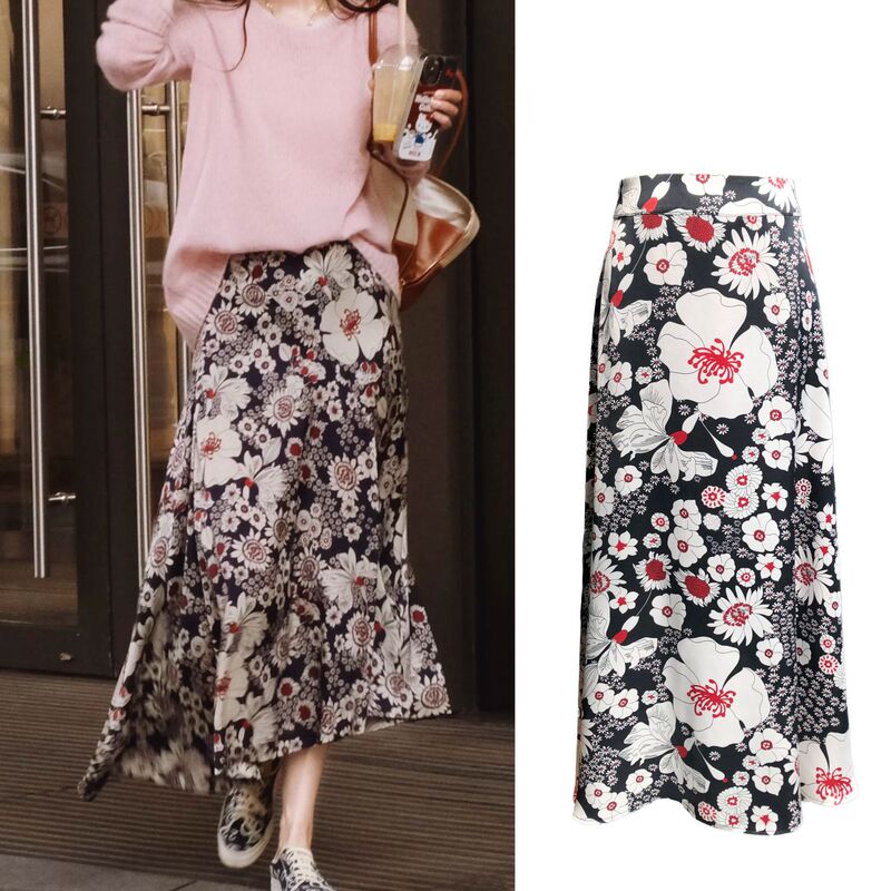 Cattelan French Lightly Mature Romantic Big Flower All-Match Casual Satin Silk Skirt
