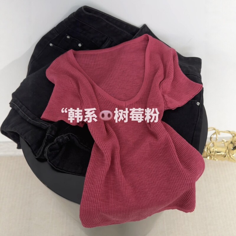 Korean-Style V-Neck Knitted Short-Sleeve Women's Summer New Slim-Fit High-End Gray Raspberry Pink Versatile Top