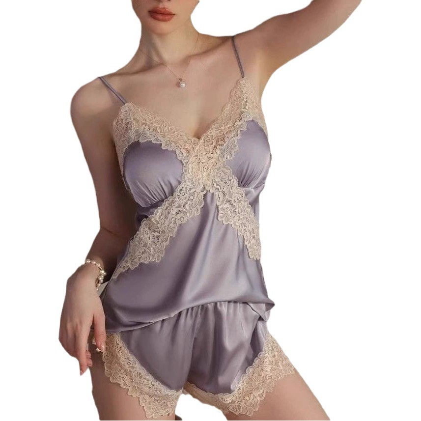 Фабрика SOURCE, новинка, привлекательная женская пижама-шорты, костюм из двух предметов из ледяного шелка, Кружевной Костюм-слинг