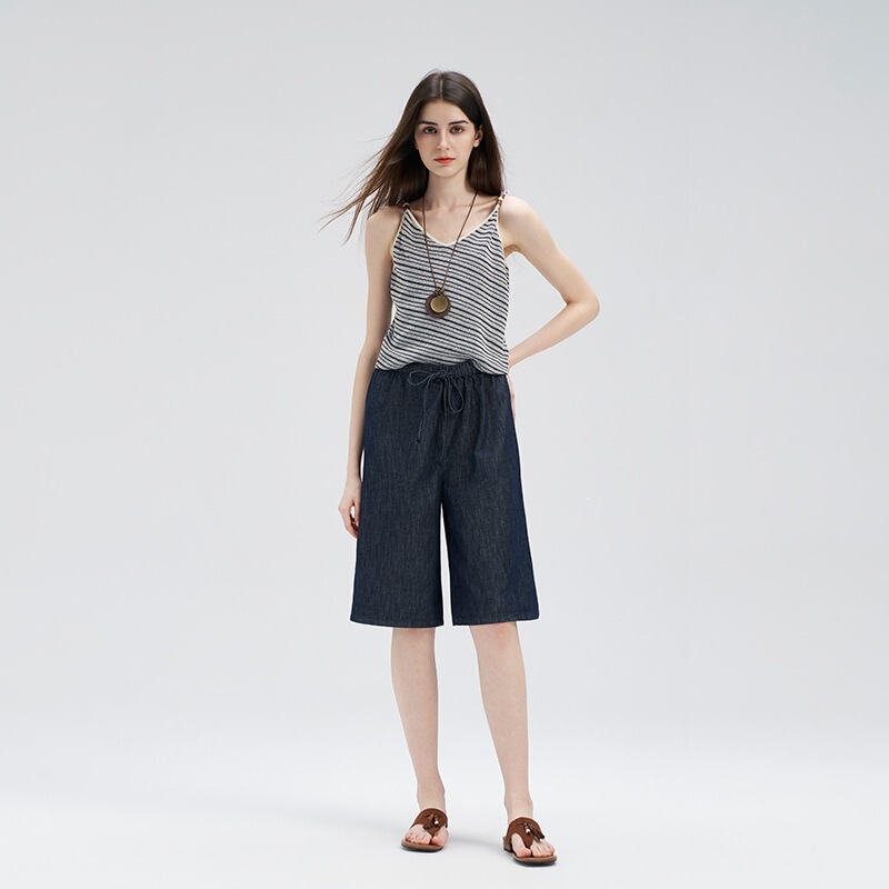 Light Luxury Summer Linen Denim Jeans for Women, Non-Fading, Simple Seamless One-Piece Elastic Waist Straight-Leg Shorts