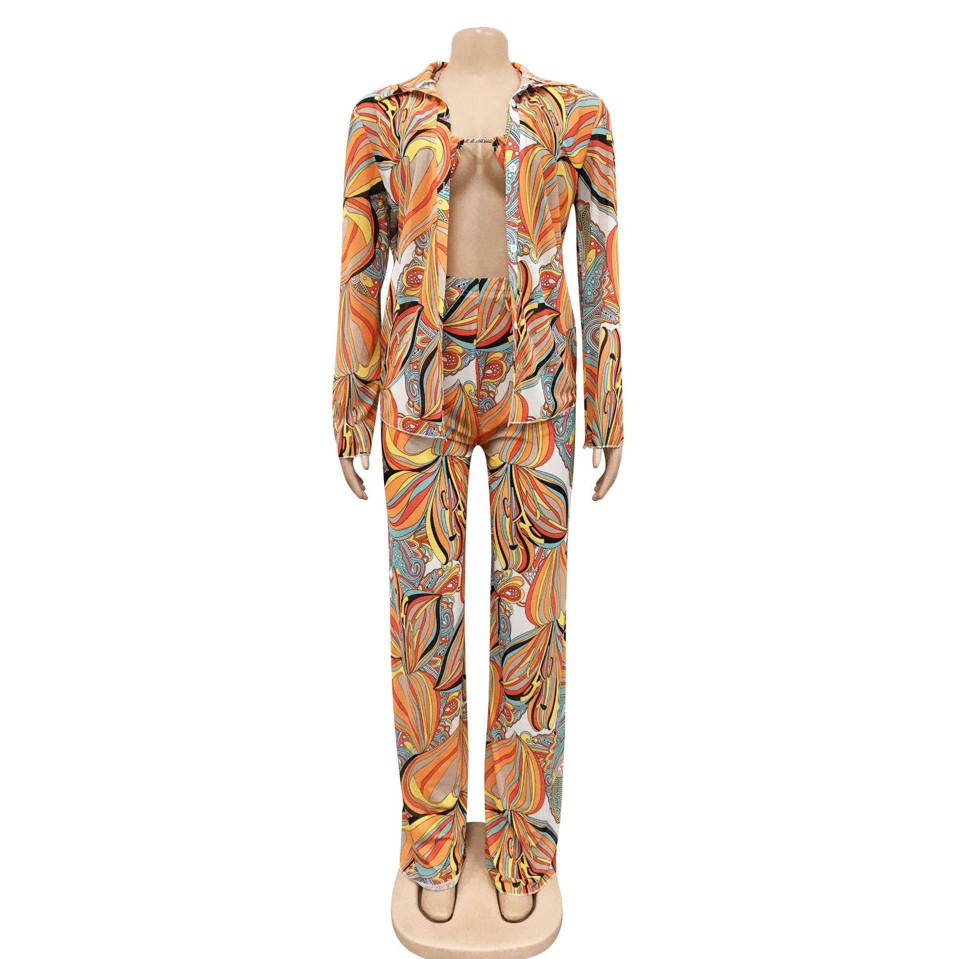 Sexy Mesh See-through Printed Long Sleeve Three-Piece Suit Women Clothing