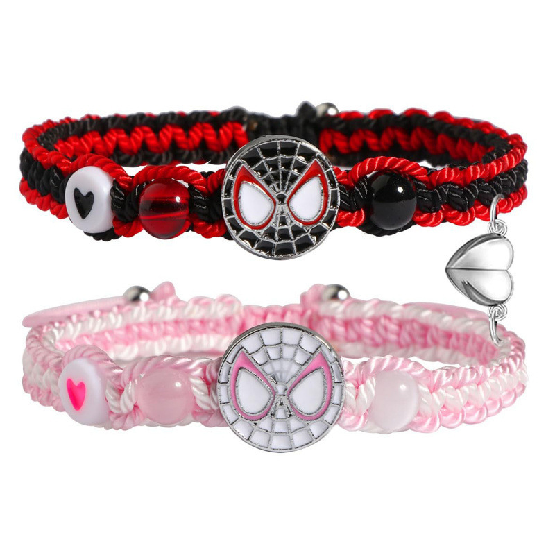 Black and White Spider-Man Bracelet Set Stainless Steel Heart Magnetic Black and Red Rope Flat Knot Braided Spider-Man Couple Bracelet