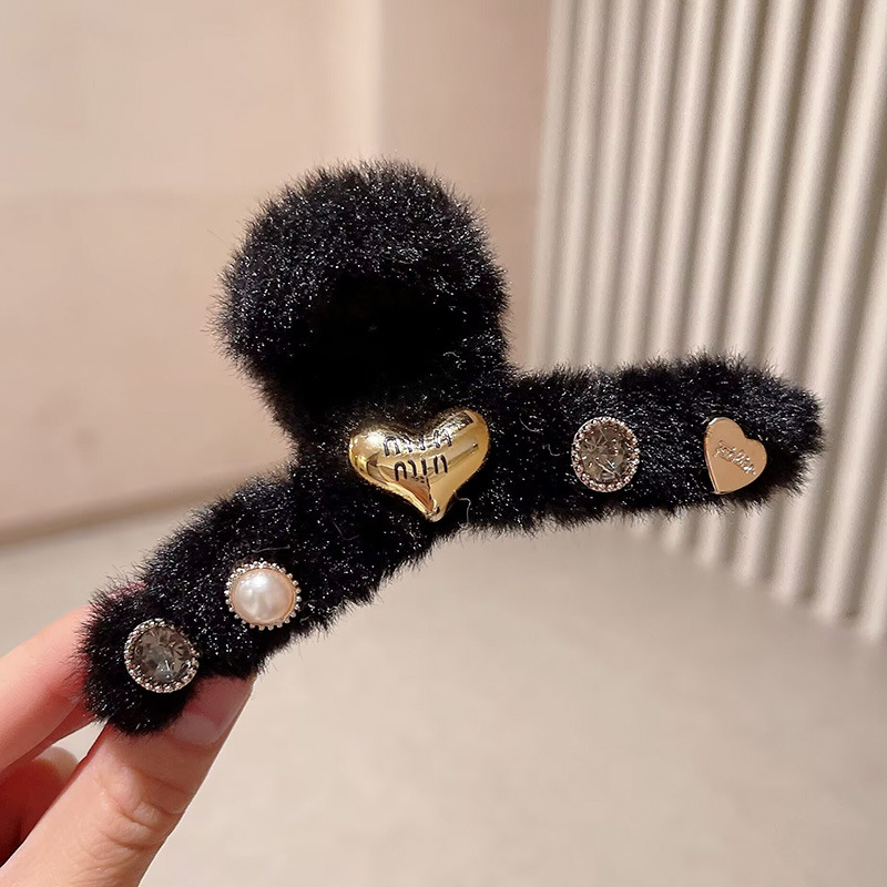 2026秋冬ミンクファー毛皮ヘアクリップ、高級感のある後頭部用大型シャーククリップ、ハート型キラキラ輝くダイヤモンド付き毛皮ヘアクリップ