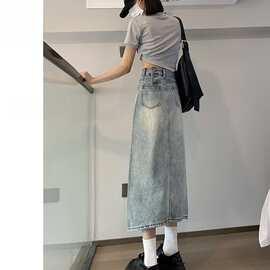 字高腰包臀裙中长款年春夏复古薄款开叉牛仔裙女半身裙排扣