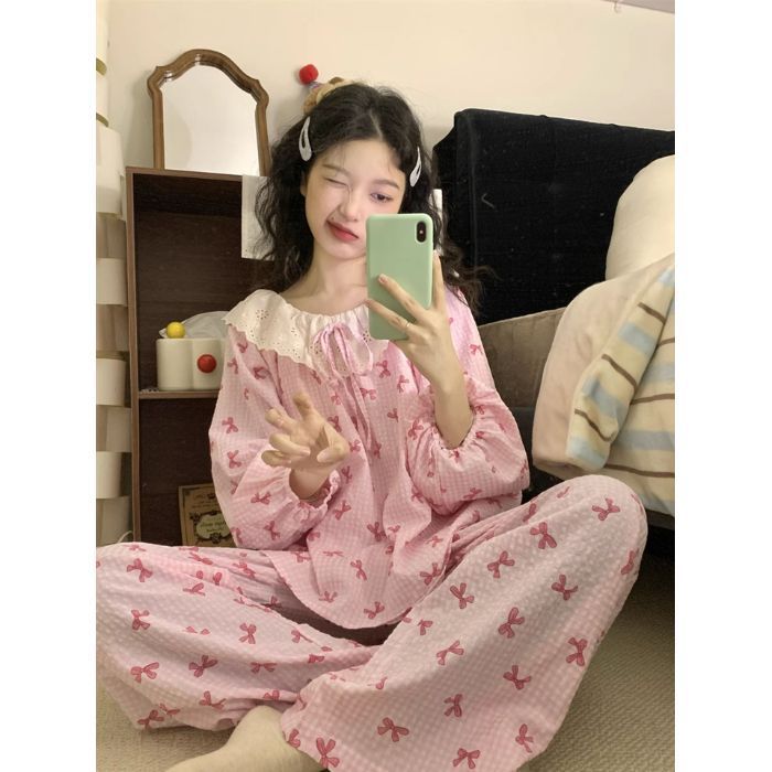 春秋天新款睡衣女长袖宽松慵懒云朵棉家居服花边学生甜美套装跨境|undefined