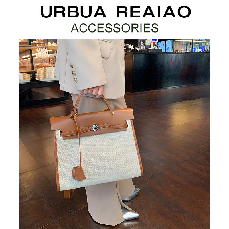 Túi tote canvas Kelly nữ phối màu tương phản, dung tích lớn, đeo chéo/vai — Kích thước lớn màu nâu và trắng, Kích thước lớn màu đen và trắng, Màu nâu cỡ lớn, Màu đen, kích thước lớn