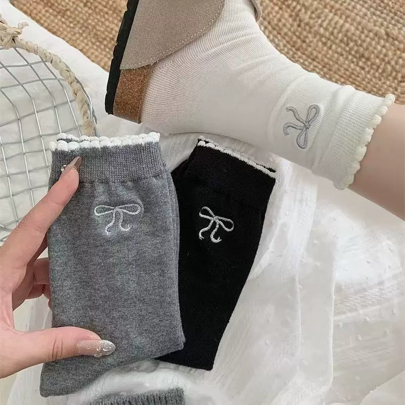 蝴蝶结泡泡口花边袜子女透气吸汗防臭袜中筒女袜