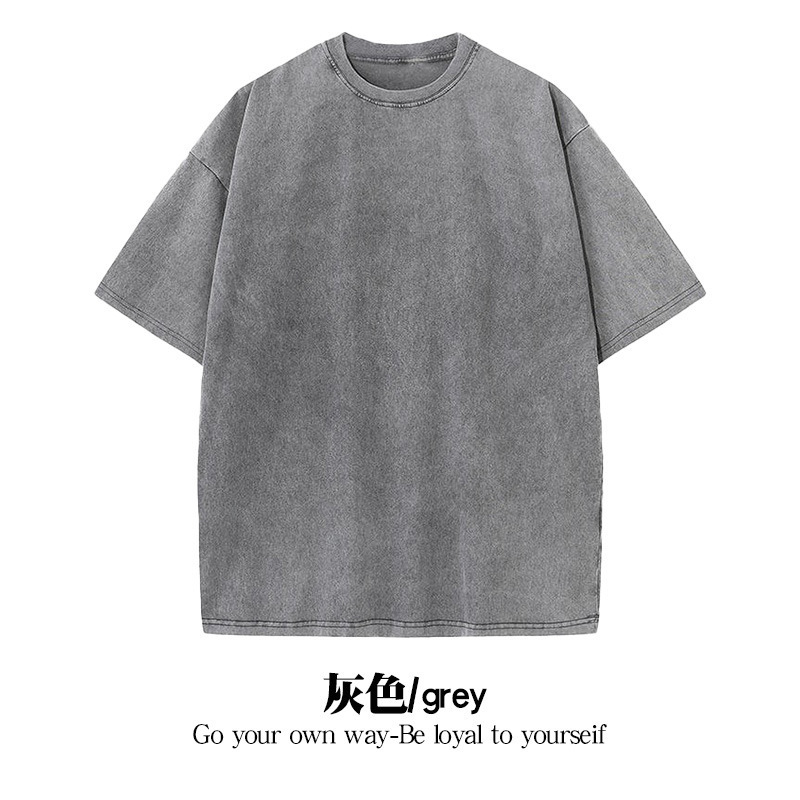 Camiseta de algodón desgastada con lavado de código de belleza transfronterizo de 230g Camiseta retro de manga corta con hombros caídos de gran tamaño para hombre