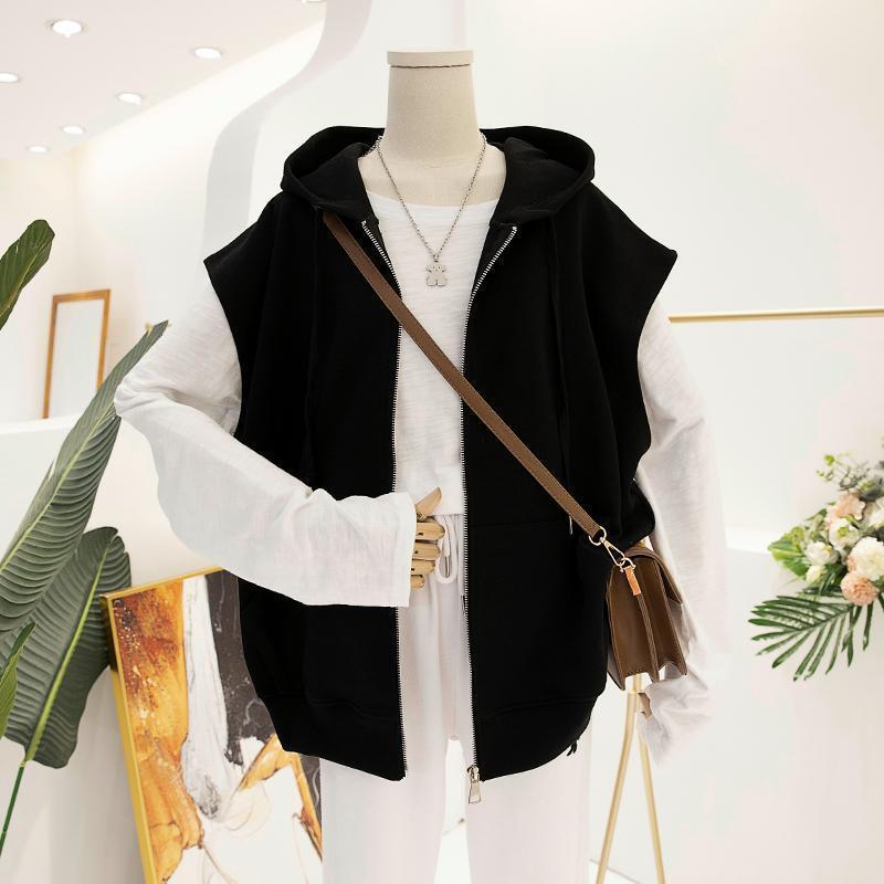 Spring and Autumn Large Size Vest Hooded Cardigan Fat Girl Korean Style Loose Design Sleeveless Sweatshirt Jacket