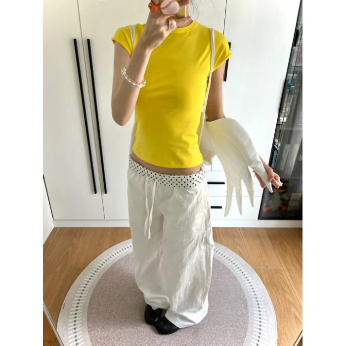 【现货】美式波点腰头拼接休闲阔腿裤女2025夏街头松紧腰白色垂感|undefined