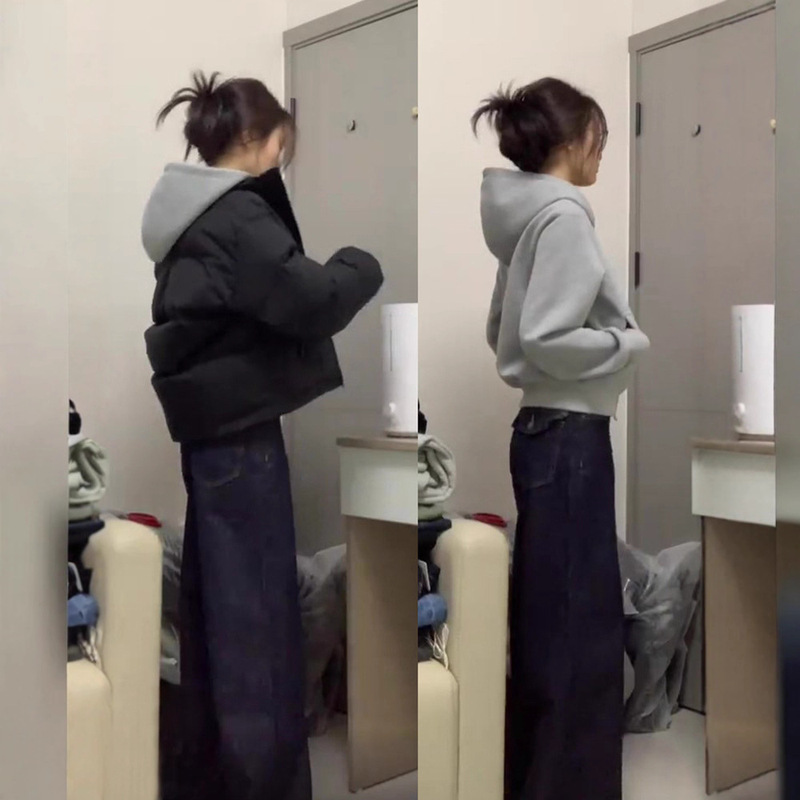 Gray Right Shoulder Sweatshirt for Women, down Jacket, Early Autumn Layered Slim Hooded Short Top, Winter Wear