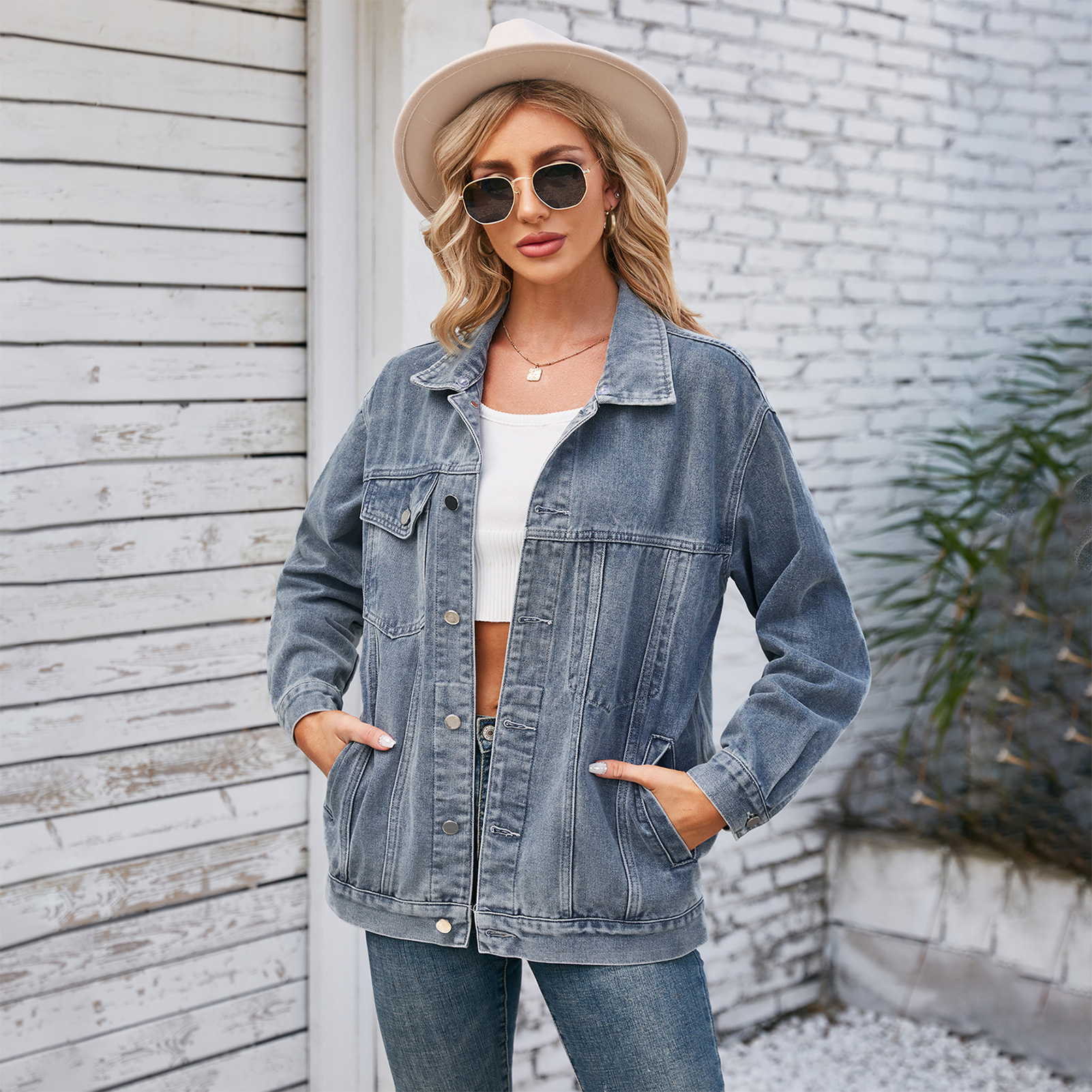 805g Weight Denim Jacket Outerwear Type Long Sleeve Sleeve Length Single Breasted Placket Type Denim Fabric Type Long Top Length Casual Occasion Turndown, Hooded Neckline Loose Fit Type Color Block Pattern Spring, Autumn Season Women's Gender Streetwear Style Women's Streetwear Color Block Single Breasted Denim Jacket 6