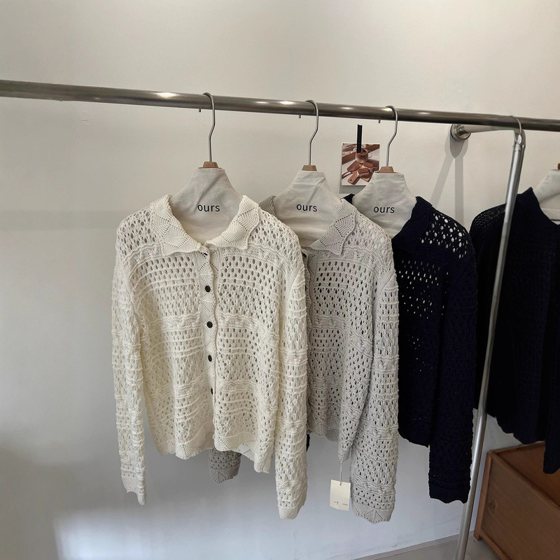 Early Autumn Hollow-Out Ruffle Niche Design Cardigan Top for Women, Casual Long-Sleeve Turn-Down Collar Versatile Knit Jacket