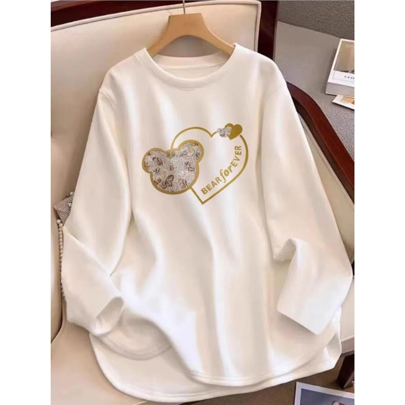 徳絨磨毛丸首長袖tシャツ女性の中の長さは厚い白い中に底のシャツの上着を掛けます。|undefined