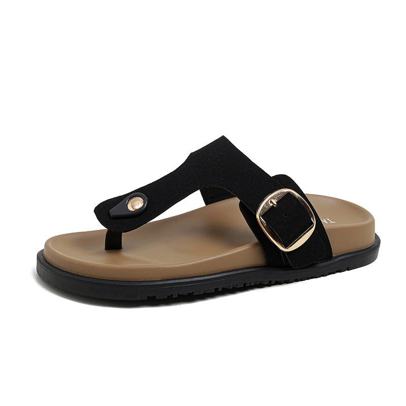 Dép sandal nữ quai ngang da bò thật đế dày phong cách Hàn Quốc — Màu Kaki mặt nhung, Màu đen mặt nhung, Trắng sữa vân vải