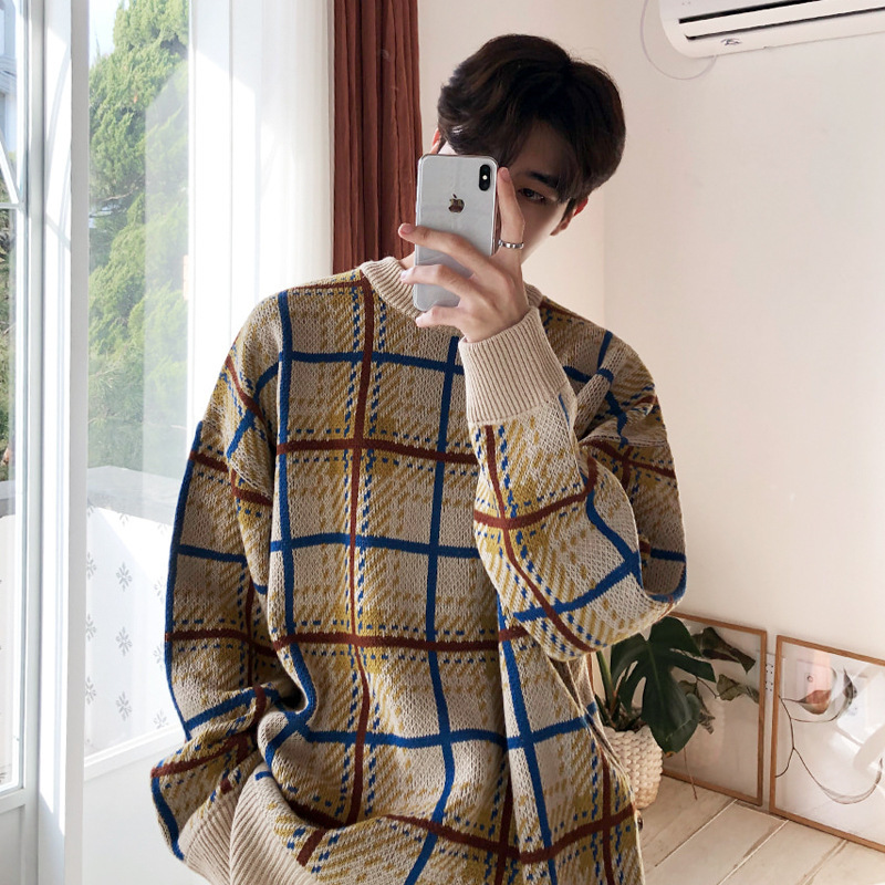 [Clearance] Winter Color-block Plaid Knitwear Men's Korean-style Fashionable Lazy Style Sweater Loose Personalized Base