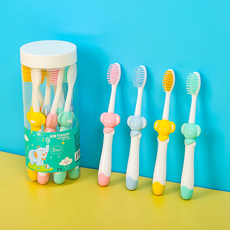 Yikoujing Children's Toothbrush with Soft Bristles Wholesale, Cartoon Gum-Protecting Household Toothbrush for 3-12 Year Old Babies, Storage of 8 Pieces in a Barrel, in Stock