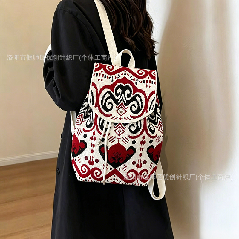 Xinjiang Adelaide Knitted Backpack Exquisite Retro Shoulder Bag Large Capacity Commuting Ethnic Fashion Drawstring Bag