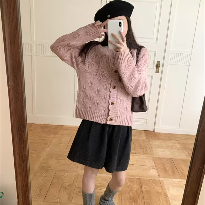 实拍韩系花边针织衫女2025秋季新款复古立体玫瑰花鼓泡泡毛衣外套|undefined